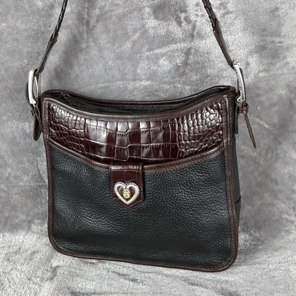 Vintage‎ Brighton Shoulder Bag Square Black Pebbled Leather Croc Trim Heart